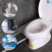 تحميل الصورة في عارض المعرض، White toilet on a black tiled floor with insets showing usage scenarios.