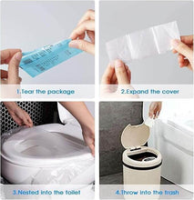 تحميل الصورة في عارض المعرض، Step-by-step guide on using a toilet seat cover with images of hands tearing a package, expanding a cover, nesting it into a toilet, and disposing of it.