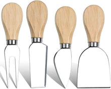 Load image into Gallery viewer, Set of 4 cheese knives with wooden handles and stainless steel blades, ideal for cutting and serving different cheeses.