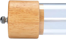 تحميل الصورة في عارض المعرض، Close-up view of premium wooden pepper grinder with adjustable coarseness and transparent acrylic body.