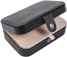 Load image into Gallery viewer, Leather portable travel jewelry box open, showcasing multi-layer storage for earrings, necklaces, and rings.
