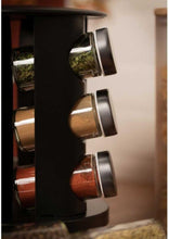 Load image into Gallery viewer, Shakers - 360° Black Rotating 12 Jars Spice Storage Rack - Stainless Steel Tower for Kitchen Cabinet Organizer close-up view of spice jars