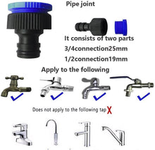 Load image into Gallery viewer, Pipe joint connector for garden hoses, compatible with various tap types, featuring 3/4" and 1/2" connections.