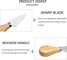 Load image into Gallery viewer, Close-up of sharp stainless steel cheese knife with wooden handle, showcasing easy cutting and comfortable grip.