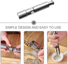 Load image into Gallery viewer, Stainless steel pepper and spice grinder with a simple design, demonstrating easy-to-use grinding steps.