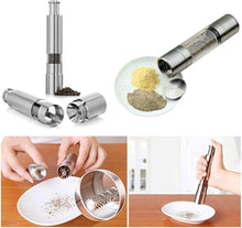 Load image into Gallery viewer, Stainless steel pepper and spice grinder showcasing adjustable coarseness and versatile grinding for kitchen use.