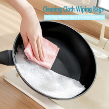 Load image into Gallery viewer, Person using a pink cleaning cloth to wipe grease from a frying pan, showcasing strong water and oil absorption capabilities.