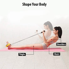 تحميل الصورة في عارض المعرض، Woman exercising on a fitness mat using a body trimmer resistance band to tone her thighs, waist, and shoulders.