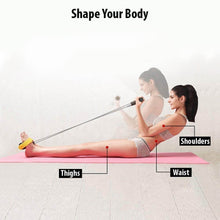 Load image into Gallery viewer, Woman exercising on a fitness mat using a body trimmer resistance band to tone her thighs, waist, and shoulders.