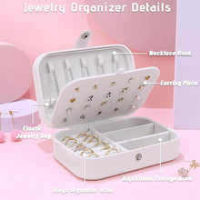 Load image into Gallery viewer, White leather portable travel jewelry box with necklace hooks, earring plate, and adjustable compartments for rings.