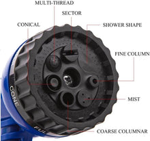 Load image into Gallery viewer, Close-up of a blue garden hose nozzle with 8 spray patterns labeled for various watering options.