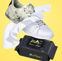 تحميل الصورة في عارض المعرض، Shoe cleaner wipes packaging with white sneaker being cleaned, showcasing effective stain removal for all shoe types.