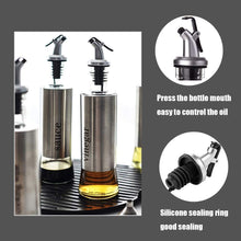 Load image into Gallery viewer, Stainless steel oil and vinegar dispenser set with silicone sealing for easy pouring and control.