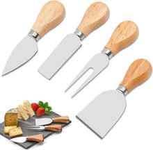 Load image into Gallery viewer, Set of 4 stainless steel cheese knives with wooden handles, ideal for cutting, slicing, and serving cheeses.