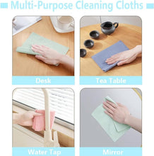 Load image into Gallery viewer, Four images showing multi-purpose microfiber cleaning cloths in use on desk, tea table, water tap, and mirror.