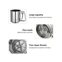 Load image into Gallery viewer, Manual stainless steel flour sifter showcasing large capacity, fine mesh, and two-layer screen for improved baking.