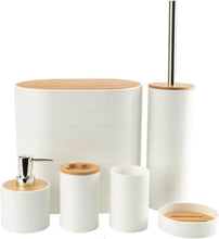Load image into Gallery viewer, A set of black bathroom accessories with bamboo accents, including a waste bin, toilet brush, liquid soap dispenser, toothbrush holder, dry soap dispenser, and a mug.