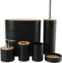 تحميل الصورة في عارض المعرض، A set of black bathroom accessories with bamboo accents, including a waste bin, toilet brush, liquid soap dispenser, toothbrush holder, dry soap dispenser, and a mug.