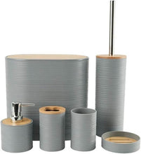 Load image into Gallery viewer, A set of black bathroom accessories with bamboo accents, including a waste bin, toilet brush, liquid soap dispenser, toothbrush holder, dry soap dispenser, and a mug.