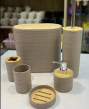 Load image into Gallery viewer, A set of black bathroom accessories with bamboo accents, including a waste bin, toilet brush, liquid soap dispenser, toothbrush holder, dry soap dispenser, and a mug.