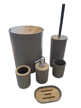 تحميل الصورة في عارض المعرض، Bathroom accessory set with gray containers and wooden elements on a surface.