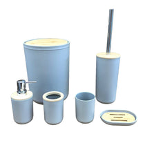 تحميل الصورة في عارض المعرض، Set of light blue bathroom accessories including a soap dispenser, cups, and a toothbrush holder on a cardboard surface with 'Made in China' text.