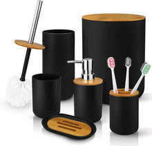 تحميل الصورة في عارض المعرض، Bathroom accessories set with black containers and wooden accents on a white background