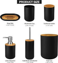 تحميل الصورة في عارض المعرض، Set of black bathroom accessories with wooden accents and dimensions displayed.