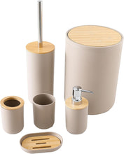 تحميل الصورة في عارض المعرض، Bathroom accessory set with beige and wooden elements on a white background