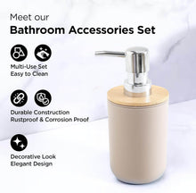 تحميل الصورة في عارض المعرض، Beige soap dispenser with wooden top on a white background, featuring text about bathroom accessories set.