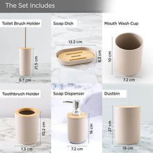 تحميل الصورة في عارض المعرض، Set of bathroom accessories including toilet brush holder, soap dish, mouthwash cup, toothbrush holder, soap dispenser, and dustbin with measurements.