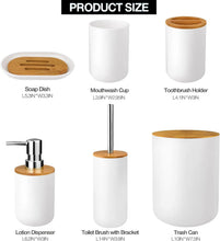 تحميل الصورة في عارض المعرض، Set of bathroom accessories including a soap dish, mouthwash cup, toothbrush holder, lotion dispenser, toilet brush with bracket, and trash can on a white background.