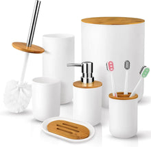 تحميل الصورة في عارض المعرض، Bathroom accessory set with white containers and wooden accents on a white background