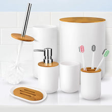 تحميل الصورة في عارض المعرض، Bathroom accessories set with white containers, bamboo lids, and toothbrushes on a tiled wall background.