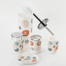 Load image into Gallery viewer, Set of ceramic bathroom accessories with patterned design on a white background