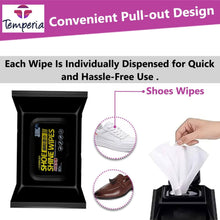 تحميل الصورة في عارض المعرض، Convenient pull-out shoe cleaning wipes packaging for hassle-free use, shown with sneakers and dress shoes.