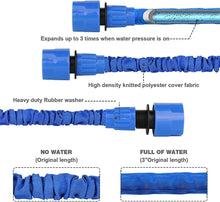 Load image into Gallery viewer, Close-up of a flexible blue expandable garden hose with heavy-duty fittings and polyester fabric, shown in expanded and contracted lengths.