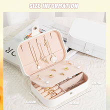 Load image into Gallery viewer, White leather portable travel jewelry box with compartments for necklaces, earrings and rings, size details shown.
