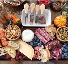 Load image into Gallery viewer, Cheese knives set with wooden handles displayed on a charcuterie board with assorted cheeses, meats, and fruits.