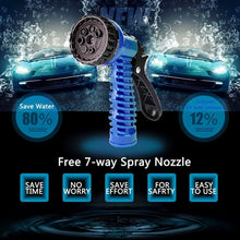 Load image into Gallery viewer, Blue 7-way spray nozzle for garden hoses, designed for efficiency and water saving with ergonomic handle.