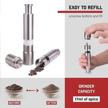 Load image into Gallery viewer, Stainless steel pepper grinder showcasing easy refill feature with grinding capacity of 17ml of spice.