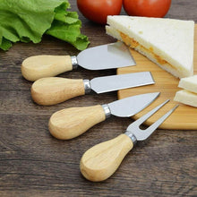 Load image into Gallery viewer, 4-piece cheese knives set with wooden handles and stainless steel blades, perfect for cutting and serving cheese.