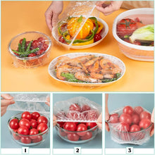 Load image into Gallery viewer, Plastic food storage covers being used to seal various dishes; easy to use and keep food fresh.
