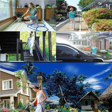 Load image into Gallery viewer, Collage of a woman using a blue expandable garden hose in various outdoor and indoor settings.