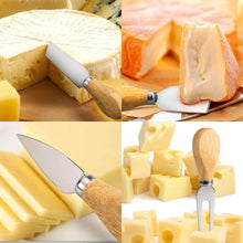 Load image into Gallery viewer, Cheese knives set featuring wooden handles for slicing, cutting, and serving various cheeses, including hard and semi-hard types.