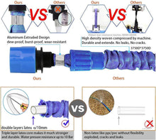 Load image into Gallery viewer, Comparative image showing features of an aluminum extruded expandable hose design vs competitors, highlighting durability and construction.