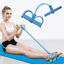 Load image into Gallery viewer, Woman using a blue body trimmer resistance band for exercise on a yoga mat, promoting fitness and weight loss.