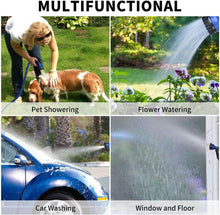 Load image into Gallery viewer, Collage of multifunctional uses for garden hose: pet showering, flower watering, car washing, window and floor cleaning.