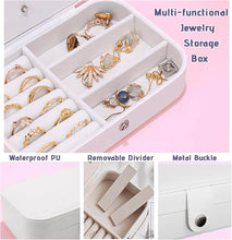 Load image into Gallery viewer, White multi-functional jewelry storage box with removable divider, showcasing rings, earrings, and hooks.