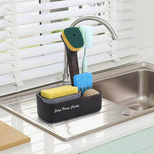 تحميل الصورة في عارض المعرض، Soap dispenser with sponge holder on kitchen sink, featuring multiple sponges and brushes for easy dishwashing.